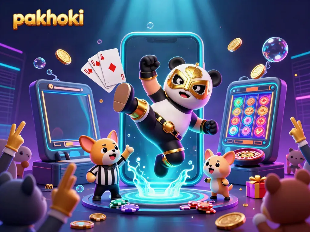 PAKHOKI menghadirkan informasi permainan dengan panda pegulat melakukan tendangan terbang di tengah suasana meriah.