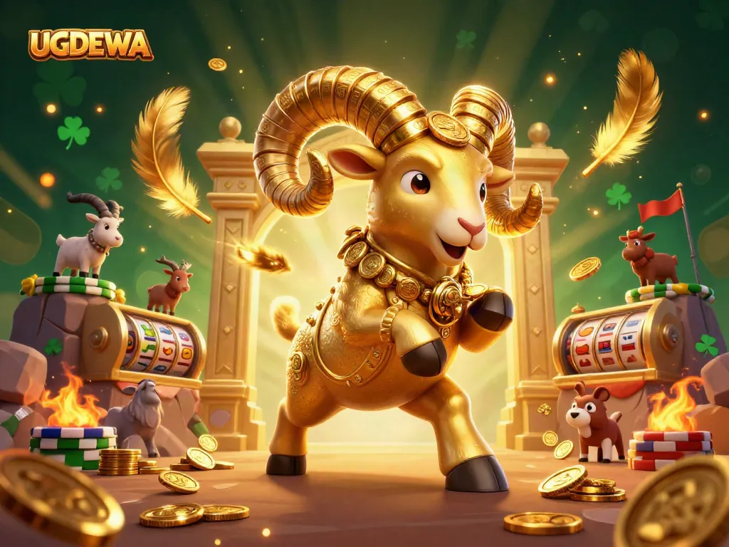 Engage with UGDEWA as the golden ram charges through a dynamic casino scene filled with excitement.