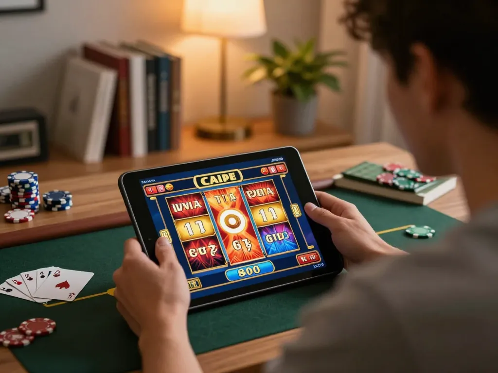 Player enjoying bayitoto slot gaming strategy at home in a cozy setting
