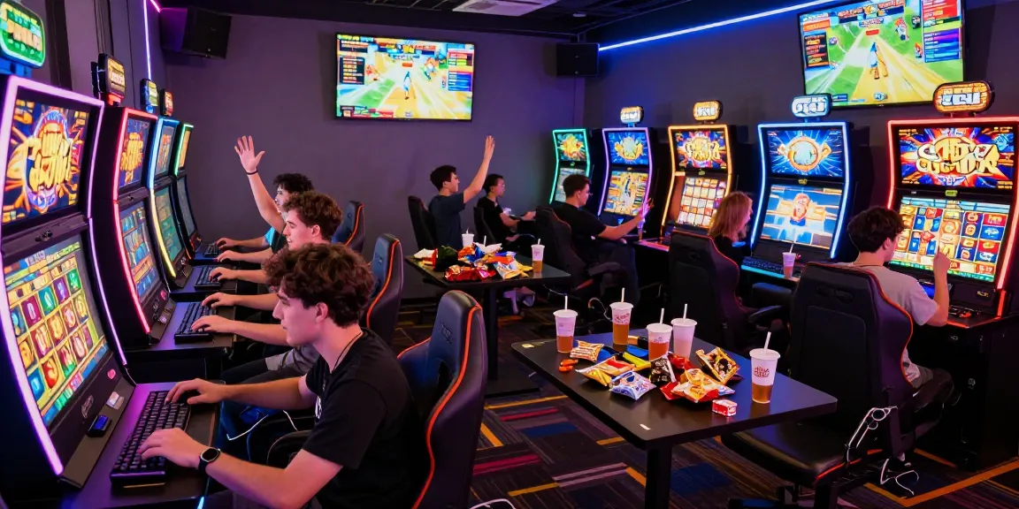 Diverse group playing engaging online slot games in a vibrant gaming lounge, celebrating a jackpot win.