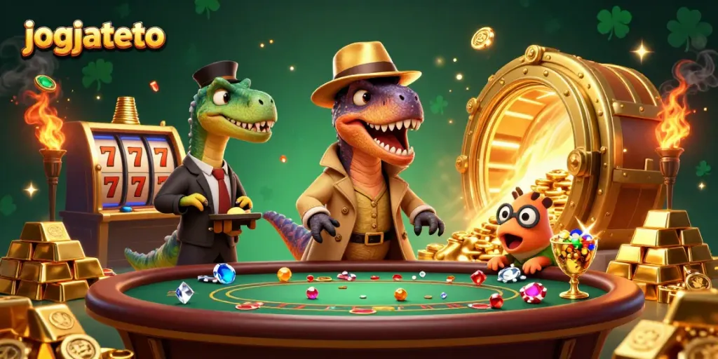 Play slots with jogjatoto featuring cartoon dinosaurs in a vivid casino scene.