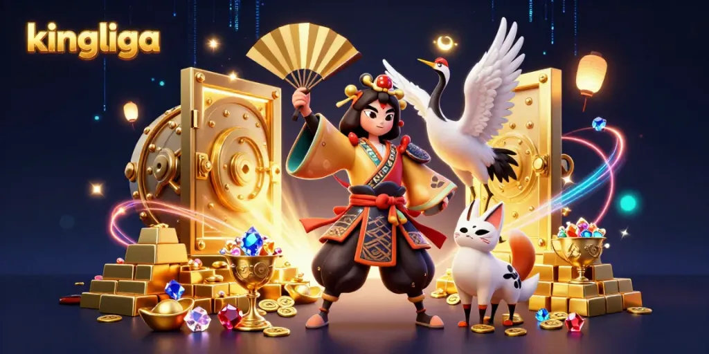 Menggali kemenangan di kingliga dengan karakter gaya kabuki berperang dalam suasana kasino mewah.