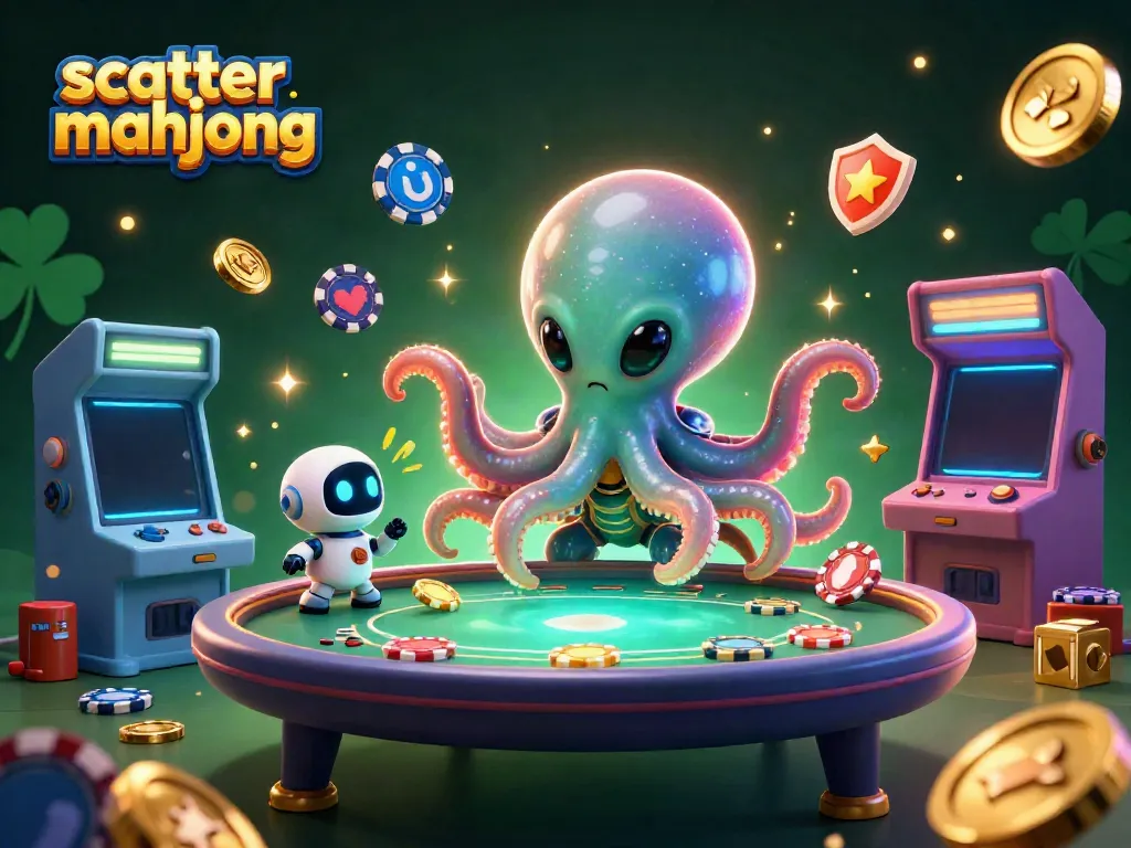 Engage with scatter mahjong gameplay featuring an alien octopus at a vibrant poker table.