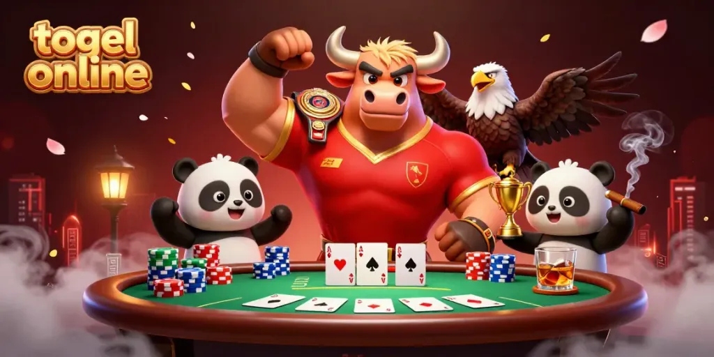 Permainan togel online dengan karakter banteng, elang, dan panda, dikelilingi aset permainan