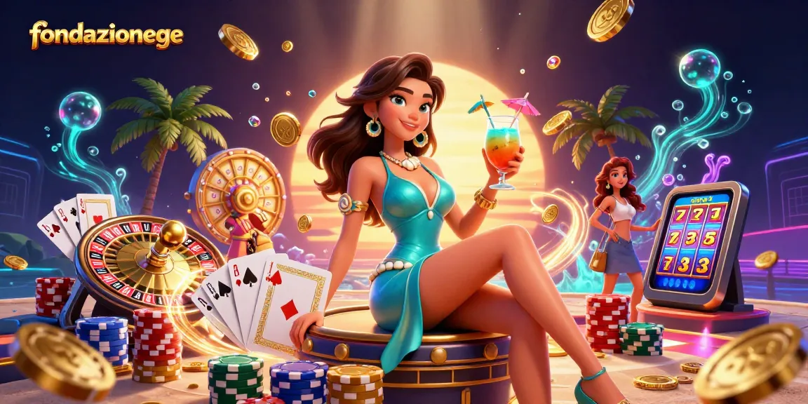 Engage with fondazionege at a tropical beach casino, featuring vibrant elements and gambling excitement.