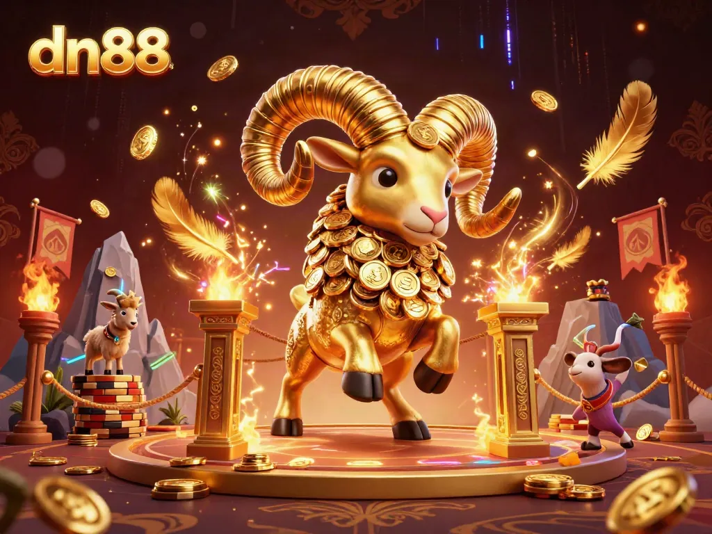Dive into dn88's vibrant casino world as a golden ram charges through a gilded gate amidst floating gold coins and dazzling tokens.