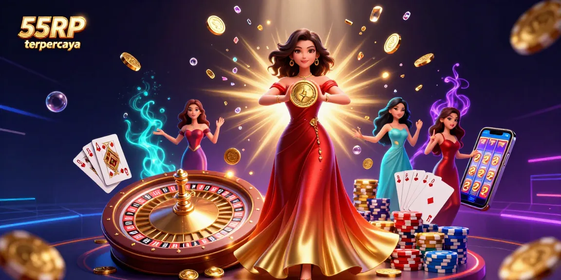 Rasakan sensasi 55RP terpercaya dengan ilustrasi menakjubkan yang menampilkan seorang wanita Asia memegang koin emas di tengah gemericik permata dan koin.