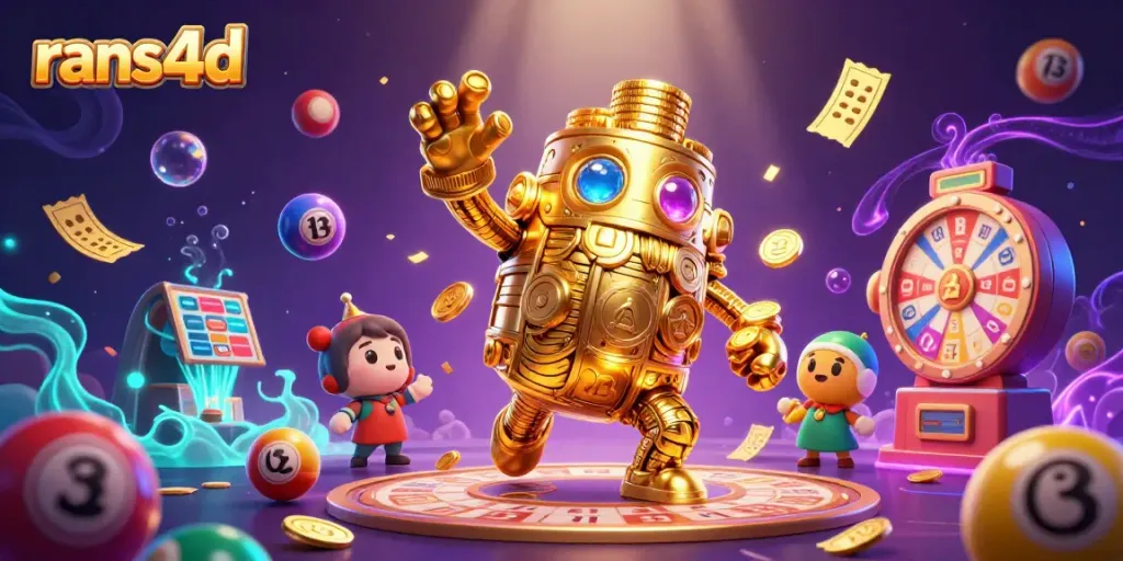 Mesin togel RANS4D dengan golem emas dan bola lotere berwarna-warni, meningkatkan peluang bertaruh.