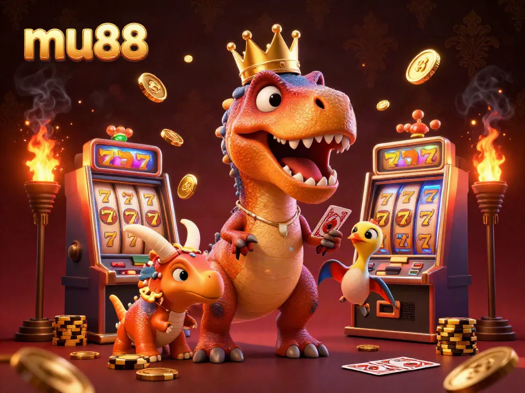 Experience thrilling slot gameplay with mu88's vibrant 3D illustration featuring dinosaurs enjoying a casino scene.