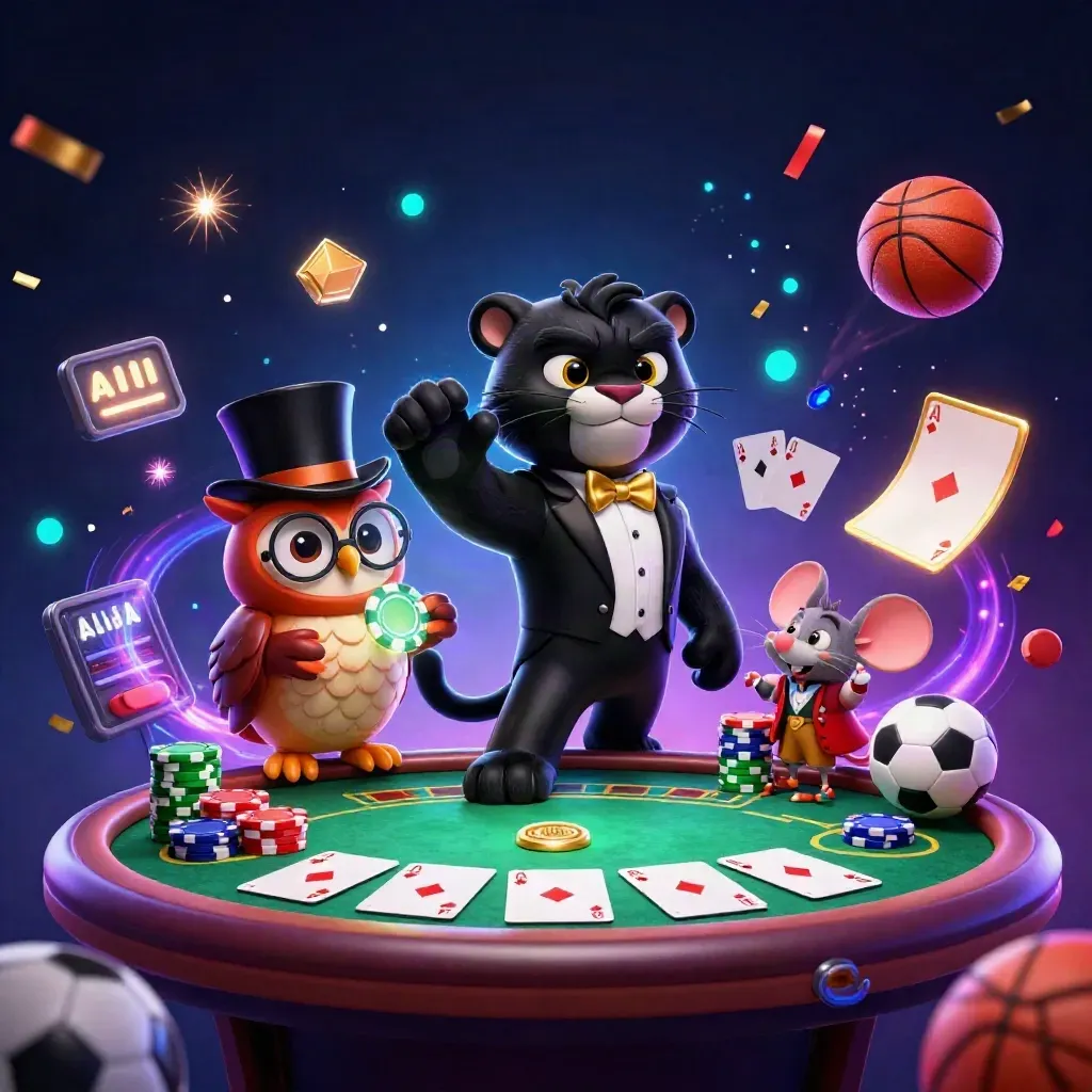 Panda panther, burung hantu, dan tikus main kartu dengan efek kasino neon mewah.
