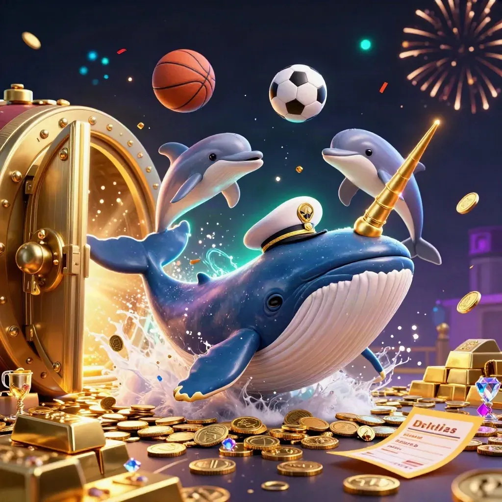 Paus kapten, narwhal, dan lumba-lumba di lautan koin dengan bola dan kilau kasino.