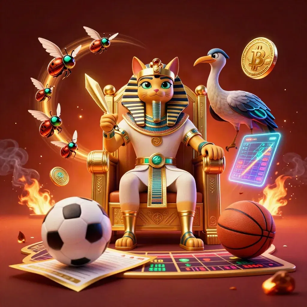 Kucing firaun, ibis, dan scarab di singgasana emas; bola, koin kripto, dan petir neon.