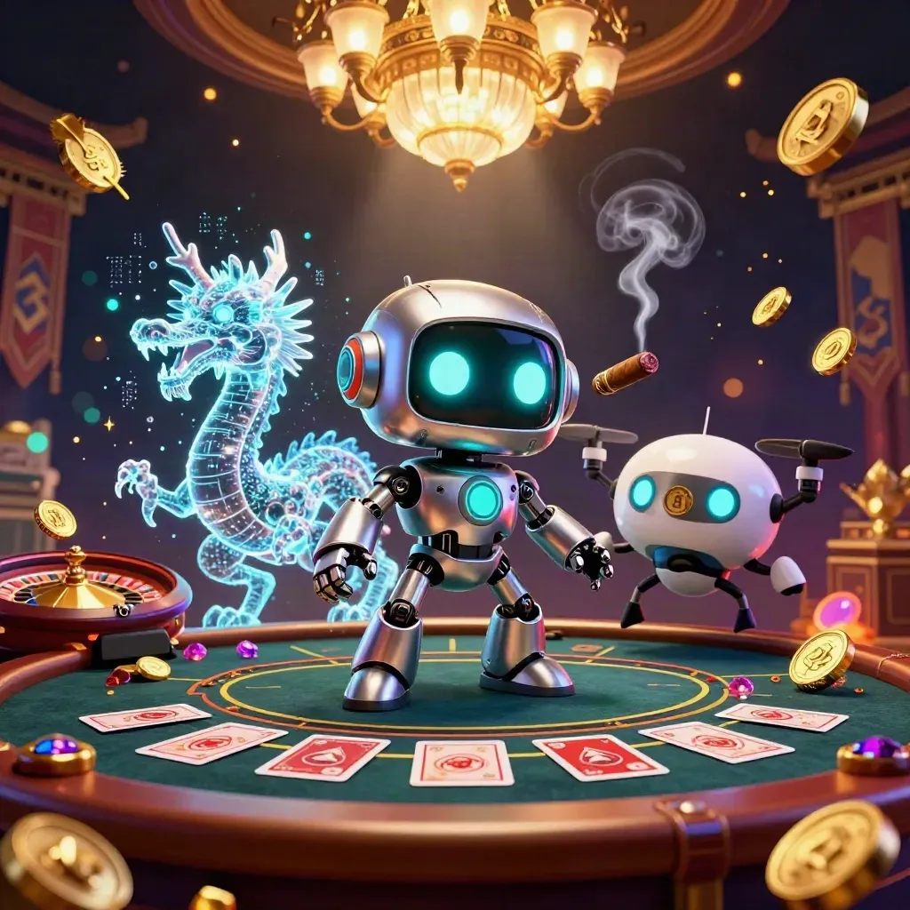 Robot cyberpunk, naga holografik, dan drone koin di ruang kasino mewah bernuansa emas-hijau-ungu.