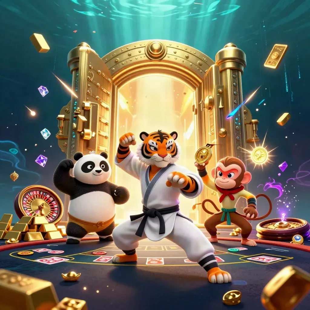Harimau kung-fu, panda, dan monyet di ruang kasino mewah dengan brankas emas dan neon.