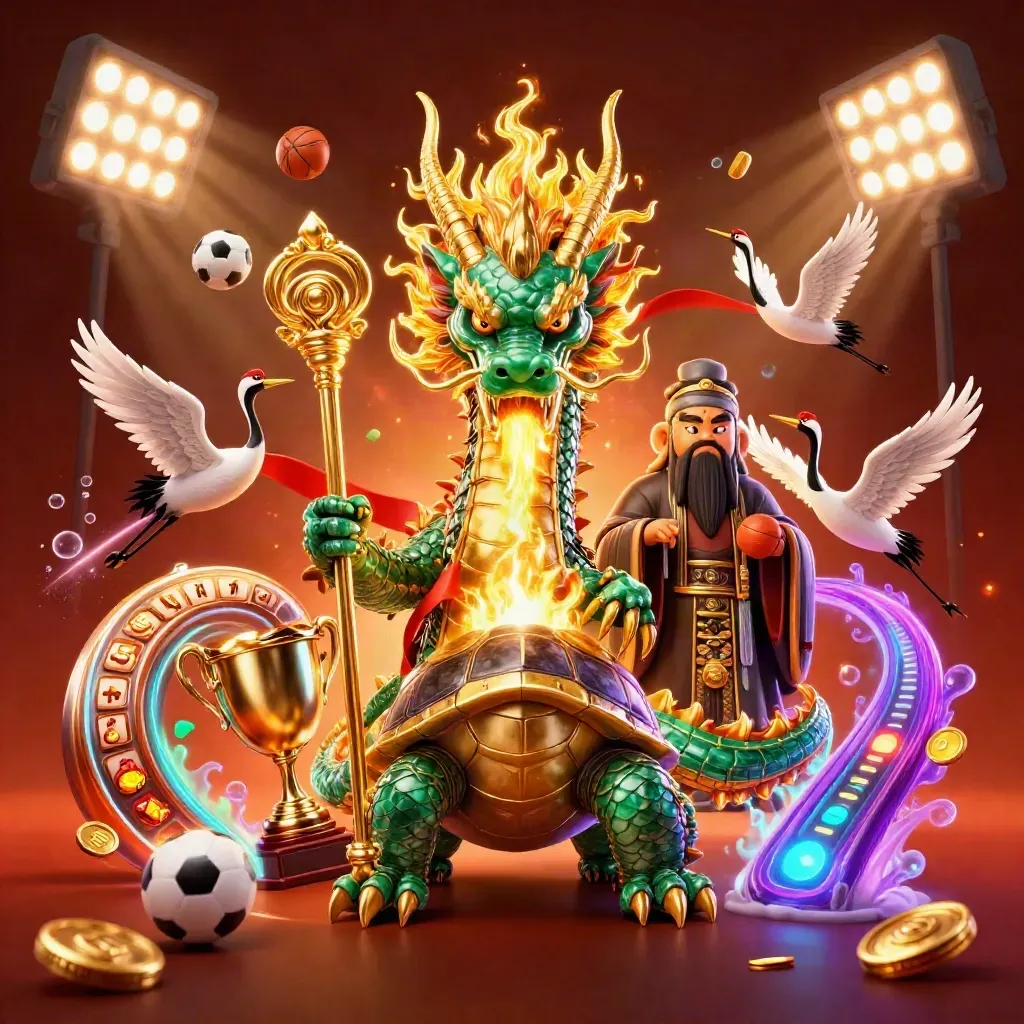 Naga jade menyembur api emas, ditemani kura bijak, bangau, bola olahraga, dan kilau kasino.