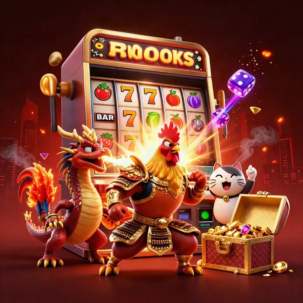 Ayam samurai emas, naga kecil, dan kucing keberuntungan dikelilingi slot, emas, dan api neon hijau.