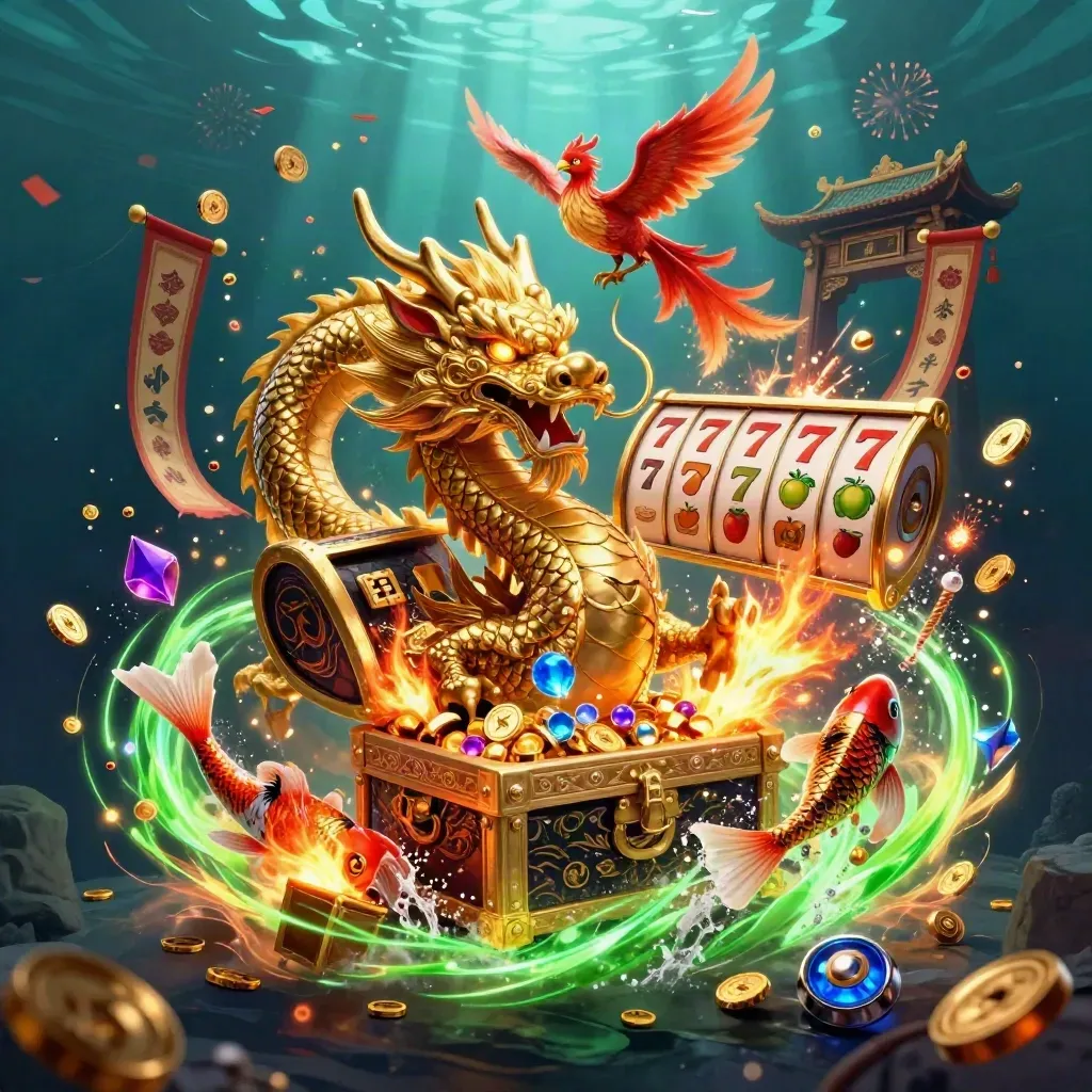 Naga emas, phoenix merah, dan koi melesat di antara harta, kuil, dan efek neon.