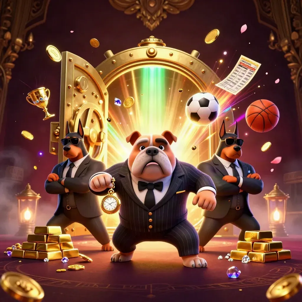Bulldog bos mafia, dua doberman, brankas emas terbuka, koin, bola, dan kilau kasino.