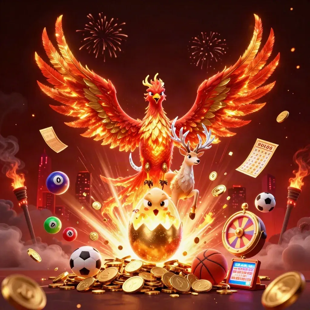 Phoenix emas, rusa kristal, dan bola judi meledak di langit kasino merah gelap.