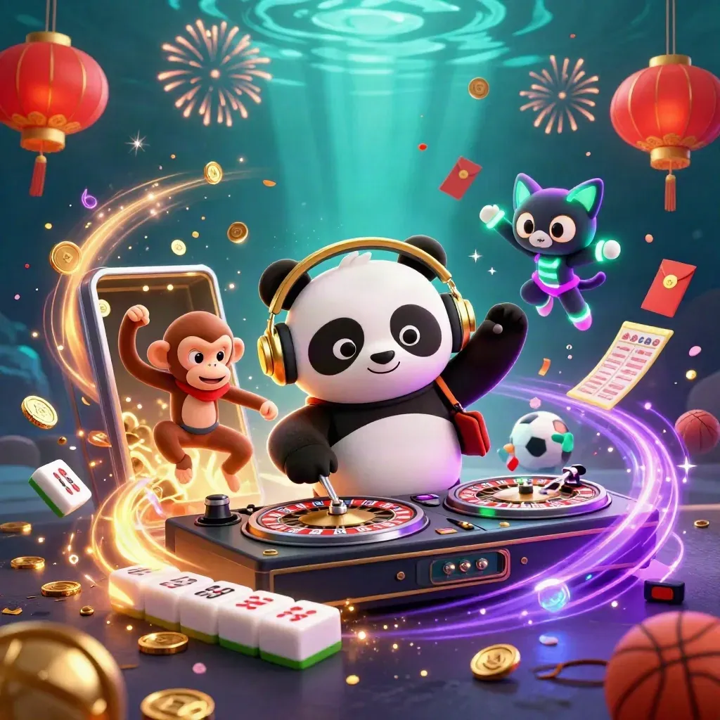 Panda DJ, monyet breakdance, dan kucing neon di ledakan koin emas dan kembang api.