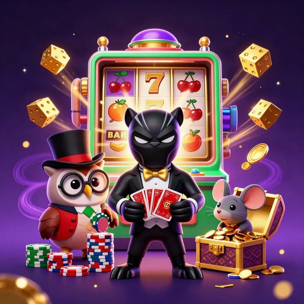 Panther tuxedo, burung hantu, dan tikus membawa kartu, koin, dan mesin slot emas meledak.