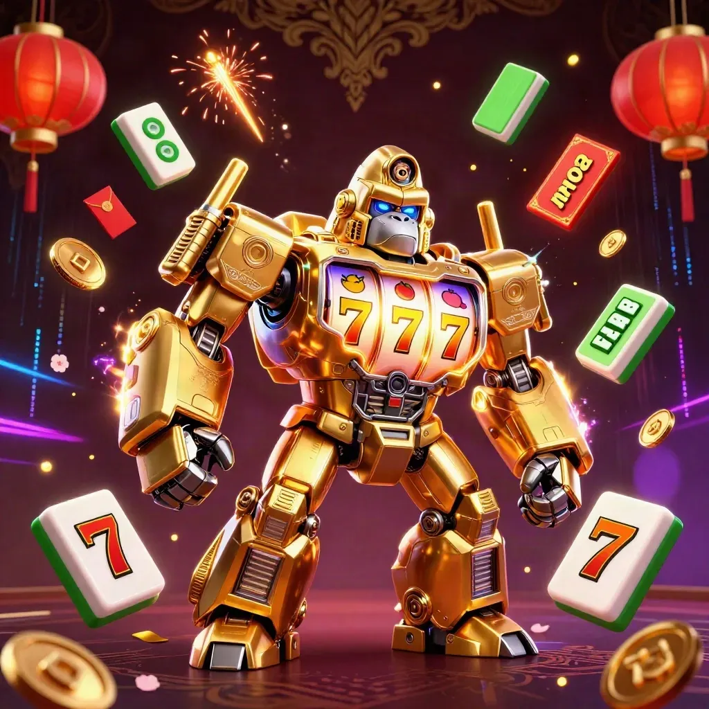 Mek gorila emas bergaya slot dengan monyet kecil, lampion, koin, dan efek neon premium.