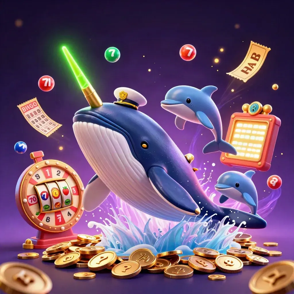 Paus kapten raksasa, narwhal, dan lumba-lumba di lautan koin dengan efek kasino neon.