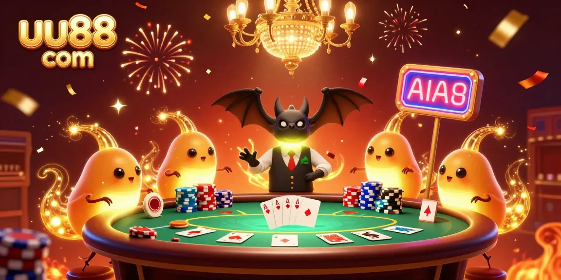 Engage with uu88 com's vibrant casino scene illuminated by glowworms and featuring exciting poker elements.