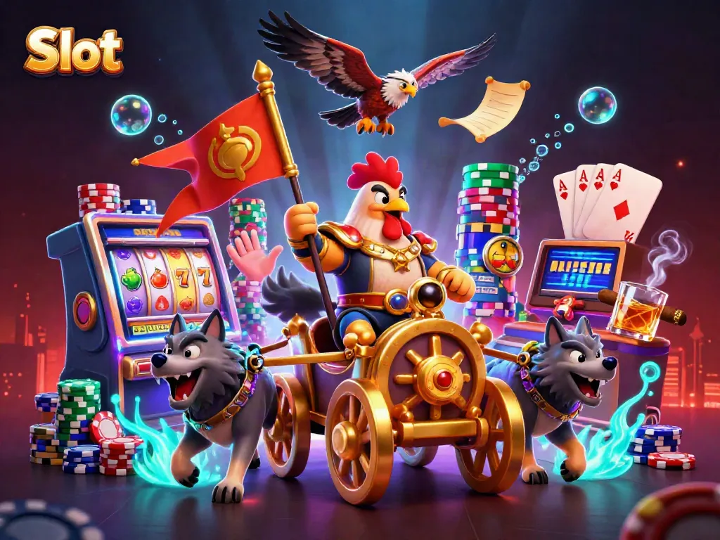 Slot permainan yang mengasyikkan dengan pemandangan pertarungan dan simbol keberuntungan dalam ilustrasi 3D.