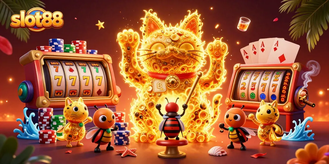 Menghadirkan slot88, ilustrasi kucing keberuntungan yang dikelilingi simbol permainan slot yang berwarna-warni.