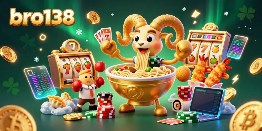 Engage in thrilling casino gaming with bro138, featuring vibrant slots and animated characters.