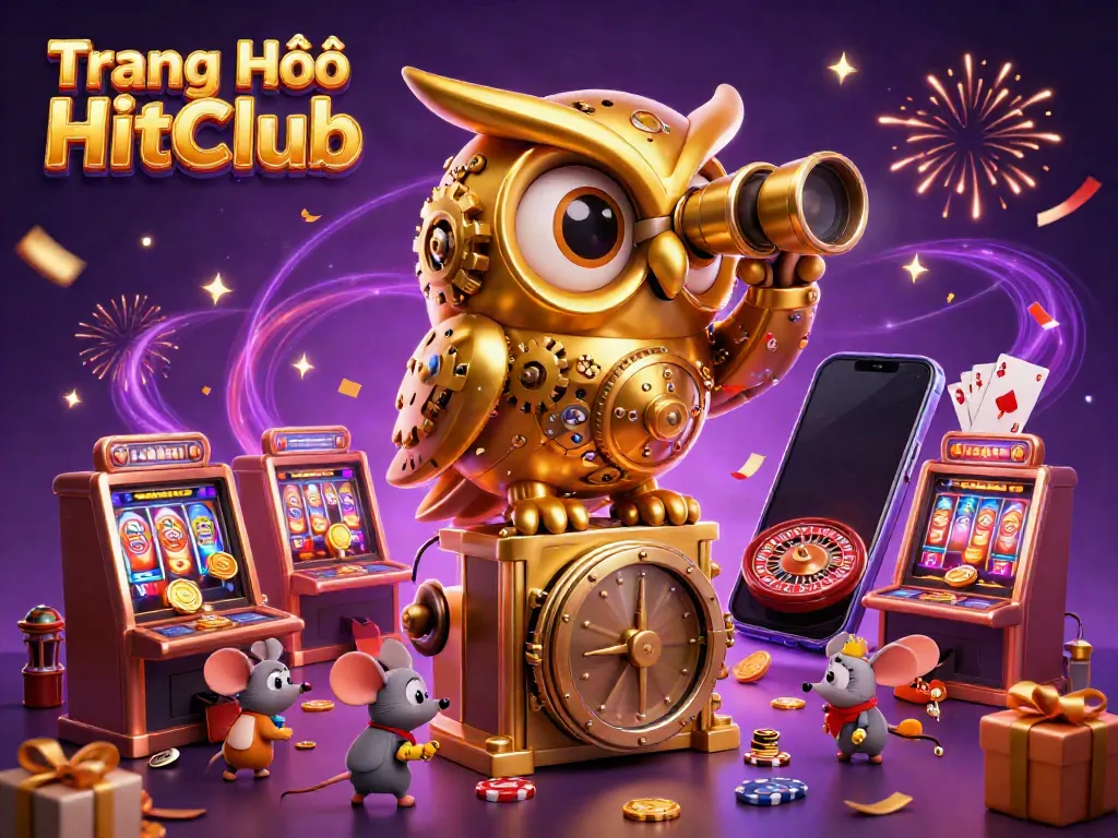 Engage with vibrant gameplay at Trang Chủ HitClub, featuring a lively casino scene with a golden owl and game elements.
