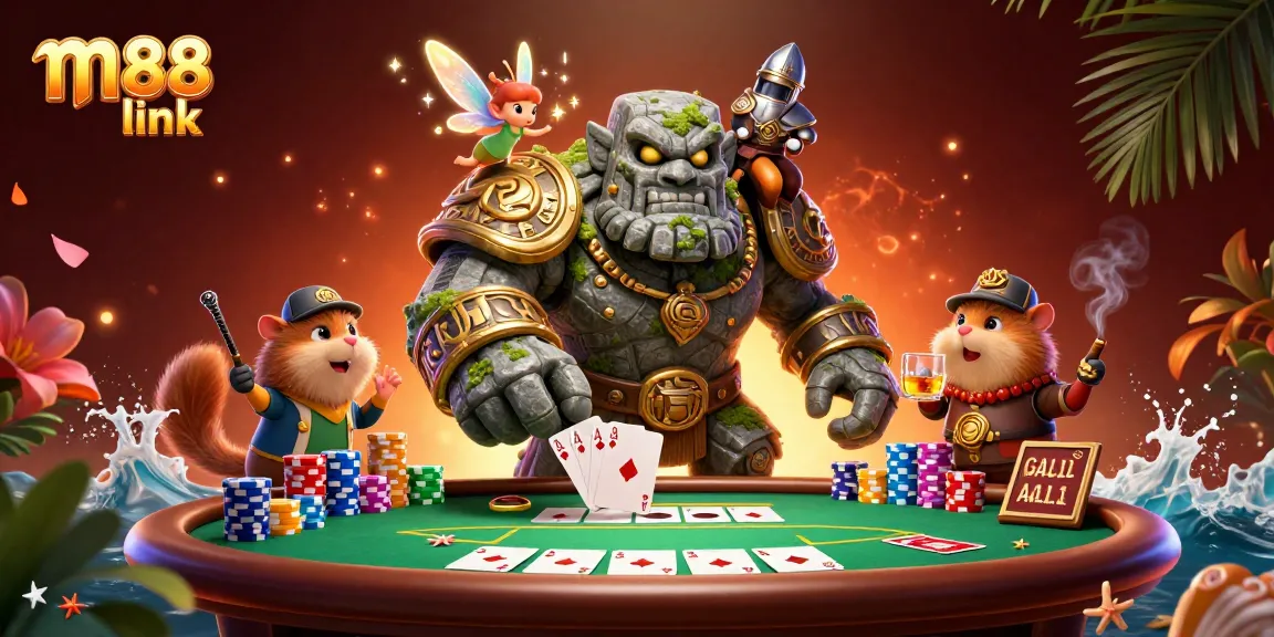 Memenangkan permainan di M88 link dengan poker cip berwarna-warni dan suasana kasino yang menarik.