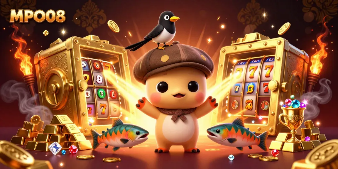 MPO08 offers a playful casino scene with cartoon Nessie and gold treasures, promoting game thrills.