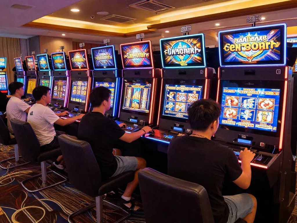 Exciting scene of players enjoying slot gacor games in a lively online casino.