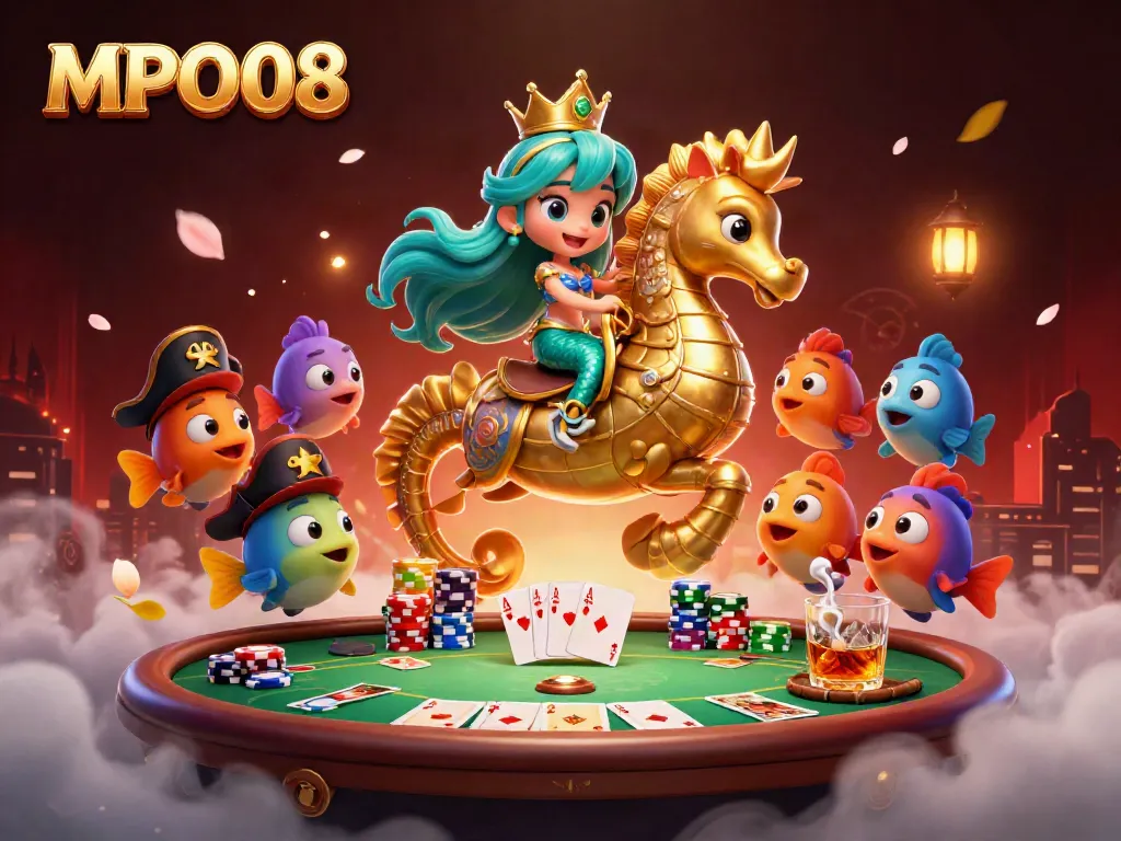 Engage with MPO08's colorful underwater casino scene featuring a mermaid princess, giant seahorse, and poker elements.