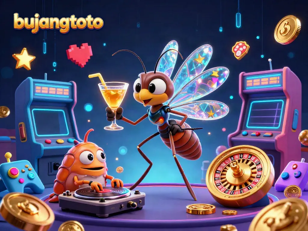 Engage with bujangtoto as a frozen mosquito mascot and trilobite DJ in a vibrant casino scene.