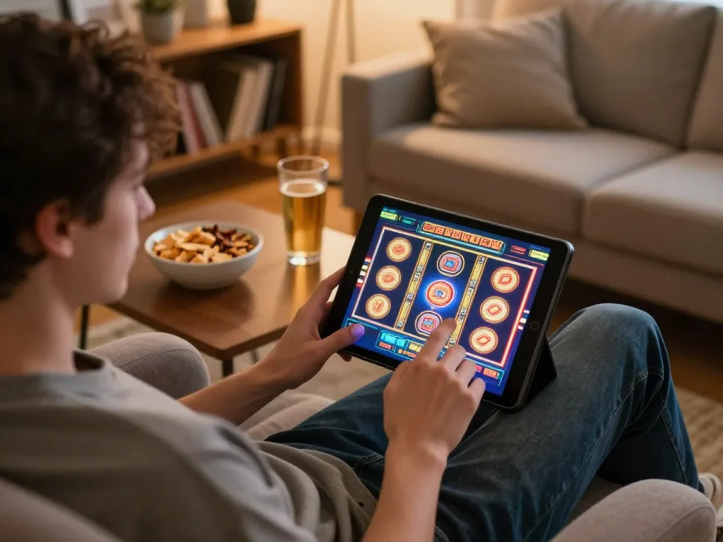 forsythsundownerinn user enjoying slot games on a tablet in a cozy home setting
