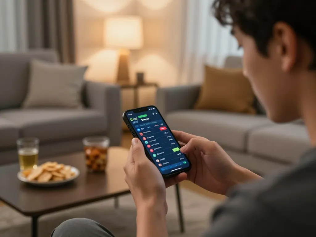 Engaging moment of sports betting with jangkar55 app on a smartphone in a cozy living room.