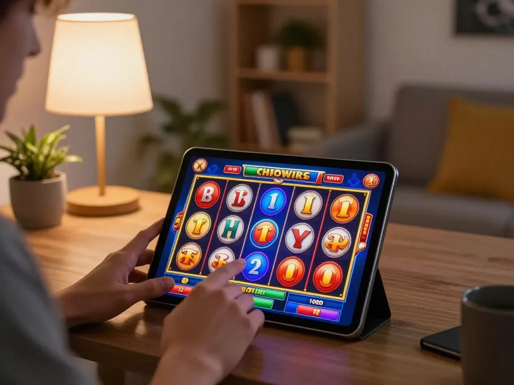 Engaging in thrilling gameplay on a Slot Terpercaya while spinning reels on a tablet.