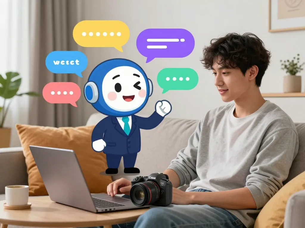 Engaging ai sexting interaction between a user and a charming virtual assistant in a cozy digital space.