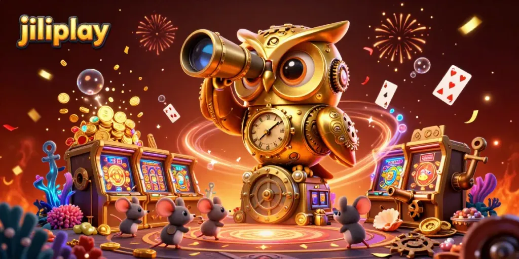 Discover the thrilling world of jiliplay with an engaging 3D illustration of a golden owl and casino elements.