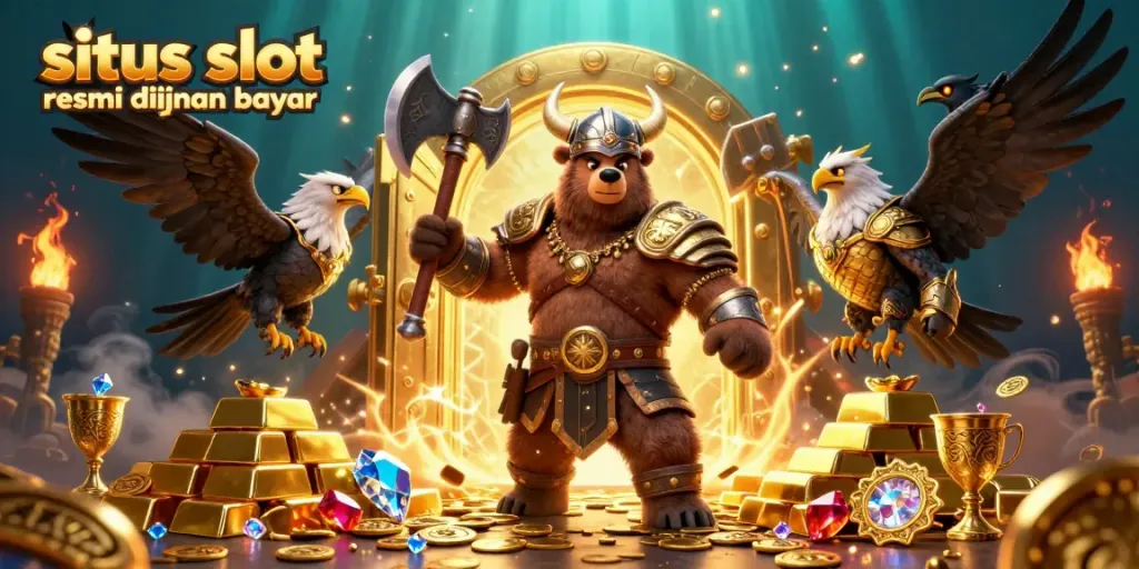 Experience vibrant winnings at situs slot resmi dijamin bayar with detailed Viking and eagle characters in a treasure-filled scene.