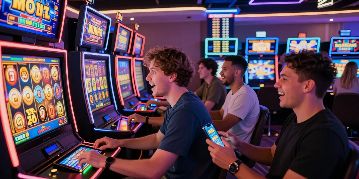 Pengalaman bermain slot online dengan pemain berbeda di kasino virtual, menampilkan mesin slot berwarna dan suasana penuh energi.