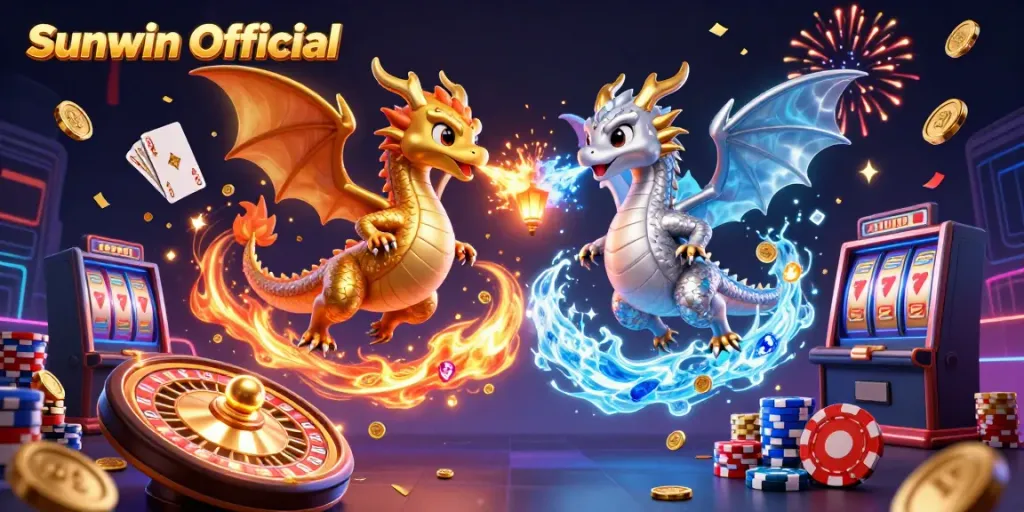 Experience thrilling gameplay with Sunwin Official as twin dragons of fire and ice intertwine in a vibrant casino scene.