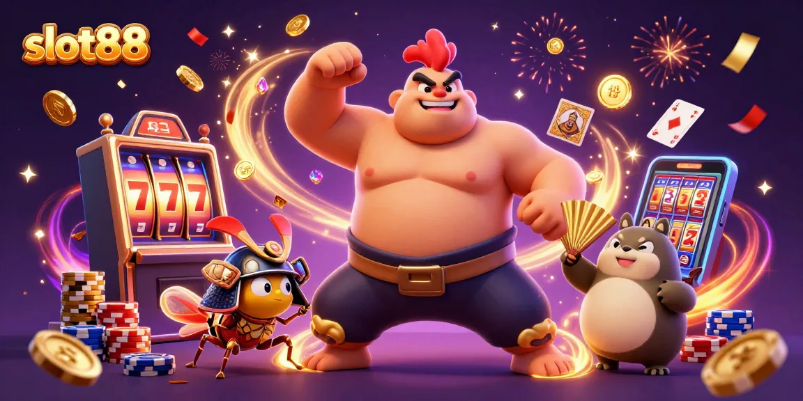 Experience the thrill of slot88 with vibrant casino action featuring a powerful sumo rooster, energetic cricket, and tanuki announcer.