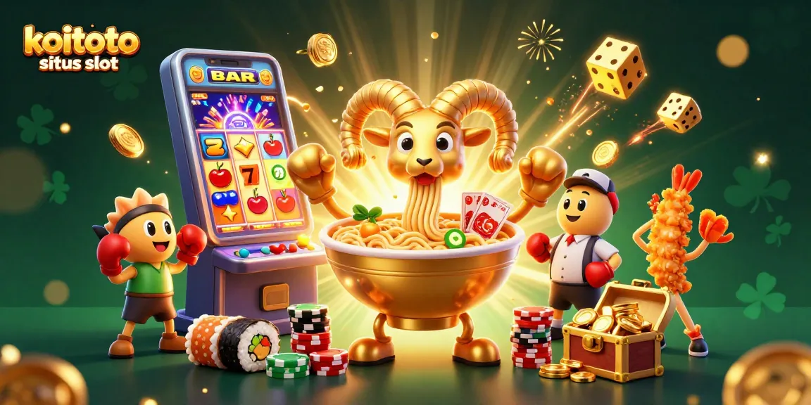Koitoto situs slot menampilkan ilustrasi kasino yang meriah dengan berbagai karakter dan elemen permainan slot.