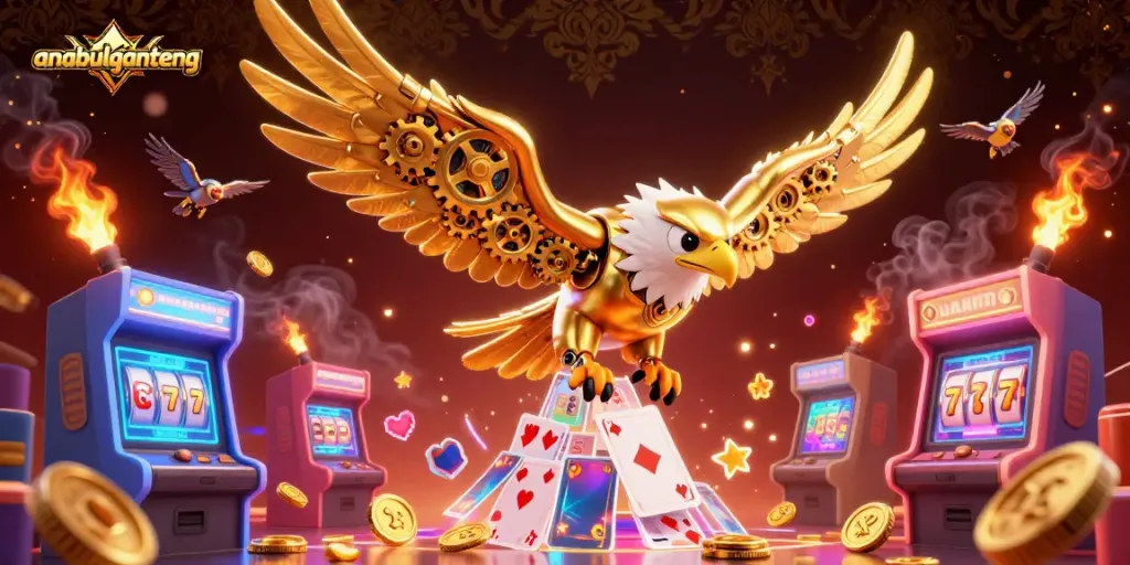 Anabulganteng menampilkan eagle cybernetic terbang melalui kartu permainan holografik di kasino yang glamor.