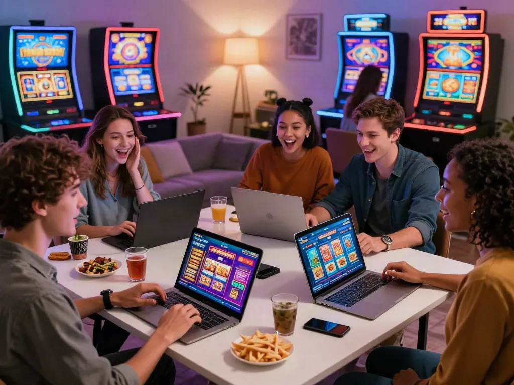 Excited friends playing slot online in a modern gaming setup