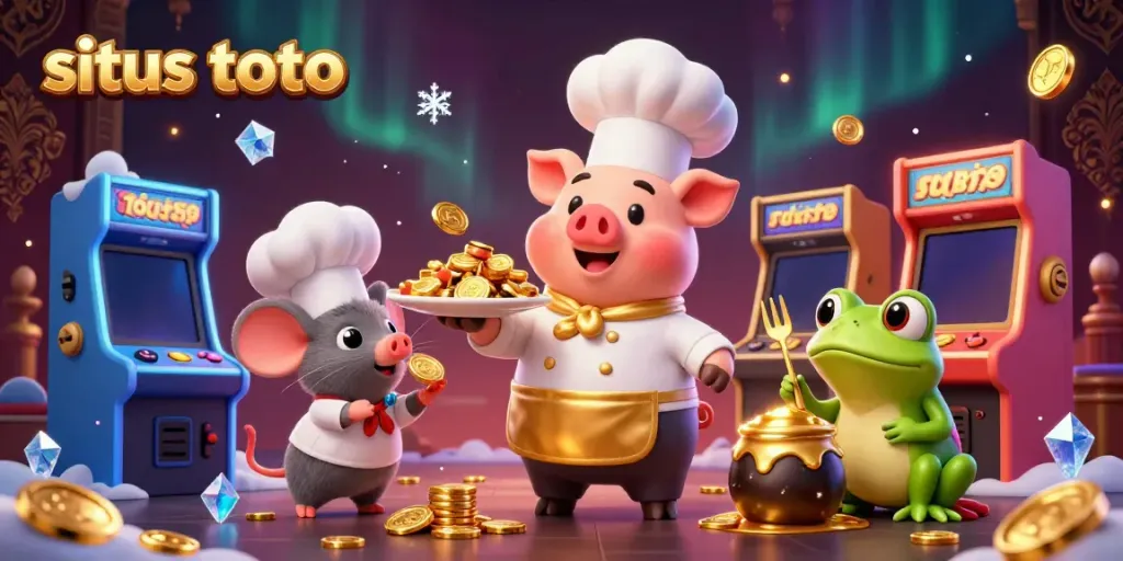 Spin the slots at situs toto with a feast of golden coins served by a chef pig and friends!